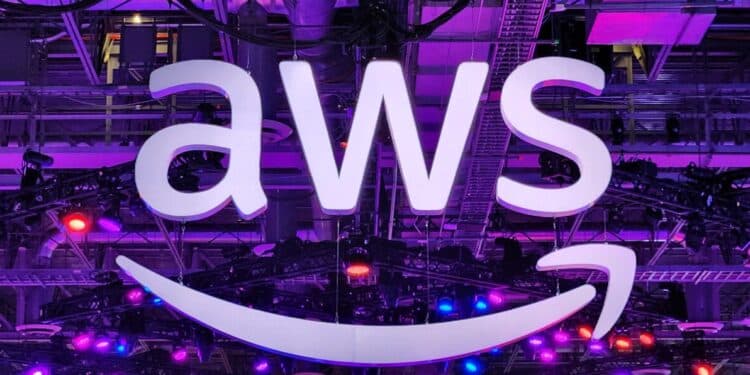 An AWS sign over the show floor at reinvent 2023 in Las Vegas. PHOTO/ Courtesy