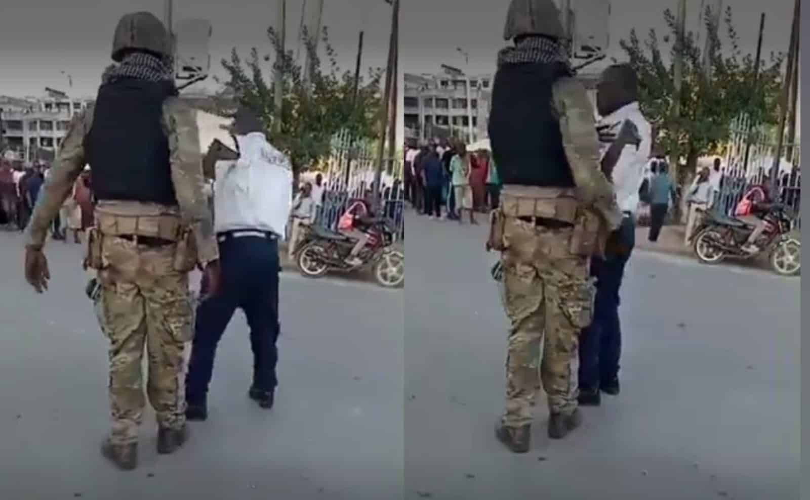 A collage of screengrabs showing KDF soldier assaulting a security guard.