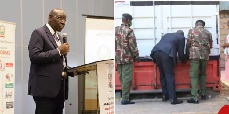 A photo collage of Education PS Belkio Kipsang and a photo of police officers opening an exam containetr.