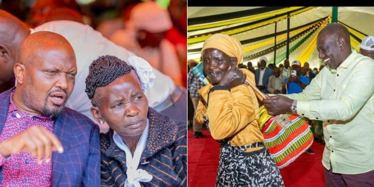 A photo collage of Public Service Cabinet Secretary Moses Kuria chatting with Pauline Njoroge (left) and a photo of President William Ruto in a past campaign function in 2022.