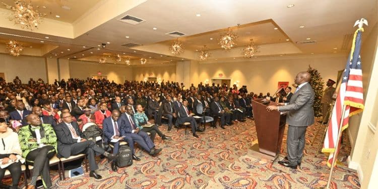 President William Ruto addresses a past meeting with Kenyans living in the diaspora.
