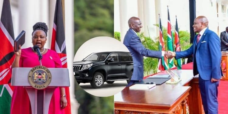 A photo collage of CAS nominee Milicient Omanga and Dennis Itu,bi with President William Ruto during the swearing in of CAS nominess.