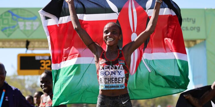 Beatrice Chebet celebrates after winning the World Cross Country Championship title. PHOTO/World Athletics/X