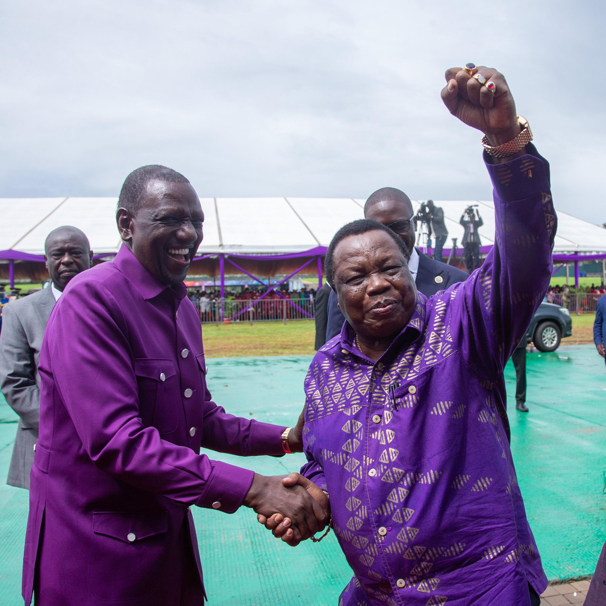 Ruto and Atwoli. President William Ruto shakes hands with COTU boss Francis Atwoli during Labour Day celebrations.