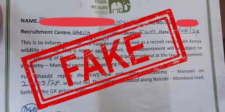 KWS fake recruitment letter. PHOTO/KWS.