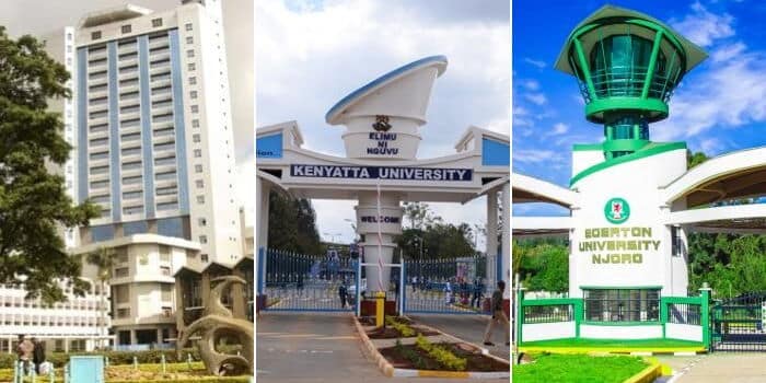 University, Left to right University of Nairobi building, Kenyatta University gate and Egerton University gate. Left to right University of Nairobi building, Kenyatta University gate and Egerton University gate.