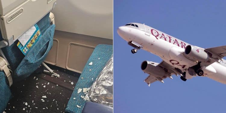 A photo collage of plane's interior and a photo of a Qatar Airways flight