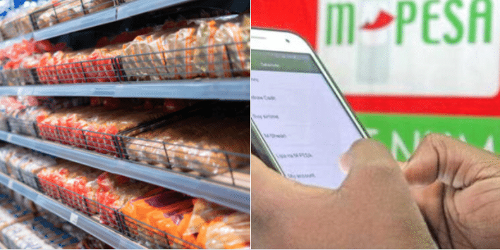A collage of Bread in a shelf and a person using M-Pesa transactions. PHOTO/ Courtesy