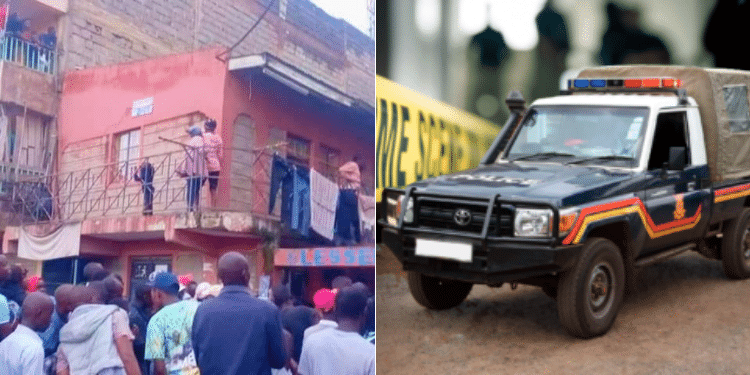 A crowd of onlookers at an apartment in Kitengela where the incident unfolded with a police car. PHOTO/ Courtesy