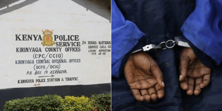 Side to Side photo of Kirinyaga police station and an individual in cuffs.