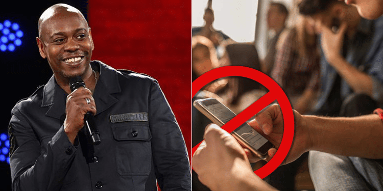 A photo collage of Comedian Dave Chappelle performing during a past show and an individual using a phone. Photo/Courtesy