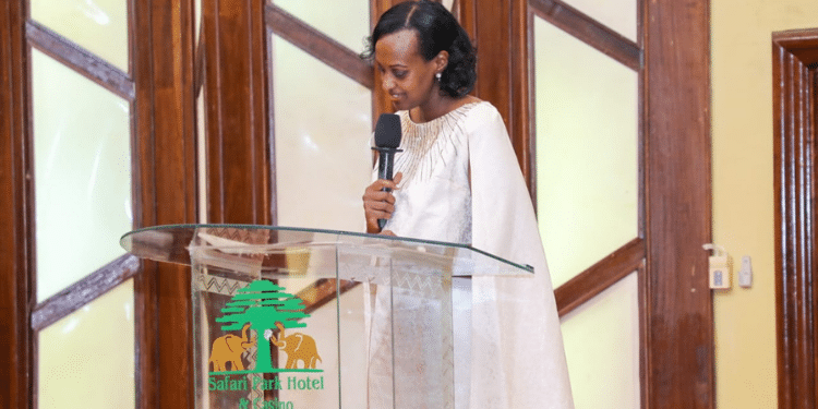 Uganda's first daughter Patience Museveni speaking at the National Women Convocation Prayer event at safari park hotel. Photo/Annwaiguru