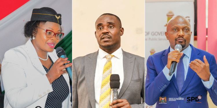From left; Githunguri MP Gathoni Wa Muchomba, UDA SG Cleophas Malala and Public Service CS Moses Kuria. PHOTO/Courtesy.