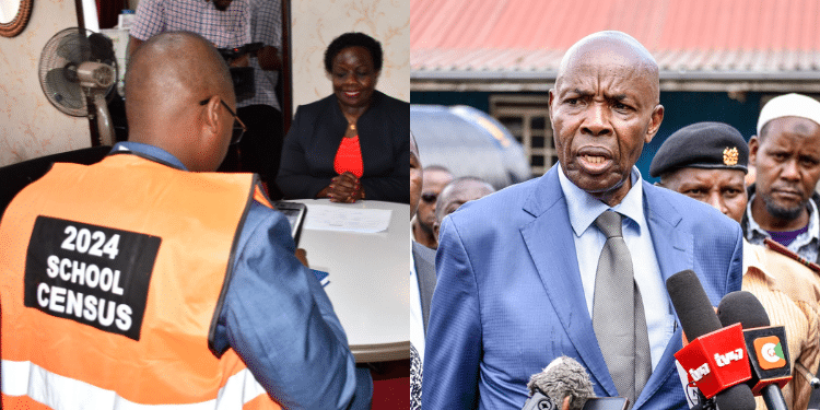 Kenya National Bureau of Statistics (KNBS) enumerator conducts school census with the Chief Principal, Moi Girls School Nairobi, Margaret Njaggah (Left) Education Cabinet Secretary Hon Ezekiel Machogu (Right). Photo/Courtesy