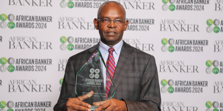 CBK Governor Dr. Kamau Thugge, CBS, receiving the Central Bank Governor of the Year award by African Bankers magazine.