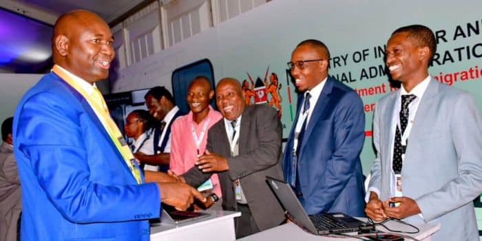 Immigration and Citizen Services PS Julius Bitok shares a light moment with delegates at the NADPA Conference at the Windsor Golf Hotel and Country Club, Nairobi.