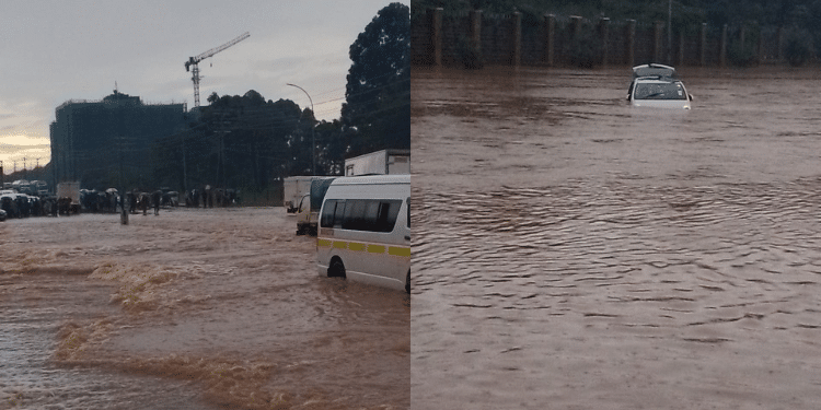 Sections of Mombasa Roads flooded amid the ongoing rains. PHOTO/Courtesy.