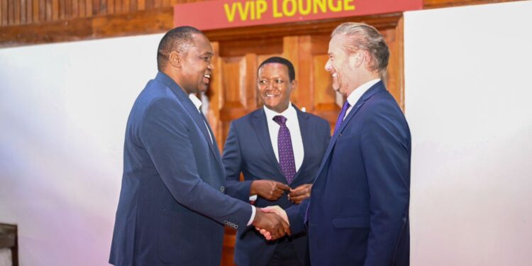 Tourism and wildlife cabinet secretary Dr Alfred Mutua and chair parliamentary committee on Tourism Maara Mp Kareke Mbiuki welcome french ambassador to Kenya Arnaud Suquet at KICC. T