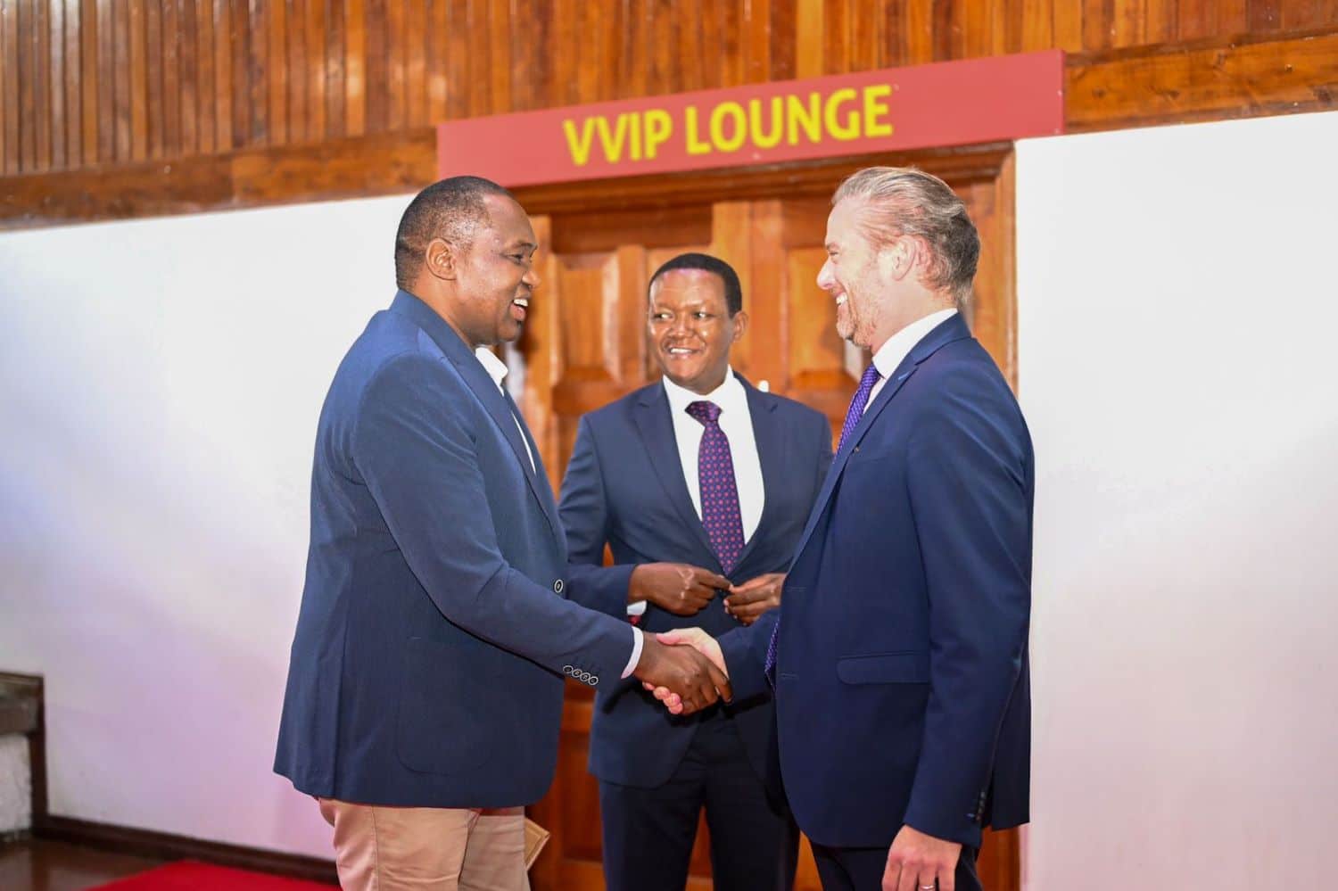Tourism and wildlife cabinet secretary Dr Alfred Mutua and chair parliamentary committee on Tourism Maara Mp Kareke Mbiuki welcome french ambassador to Kenya Arnaud Suquet at KICC. T