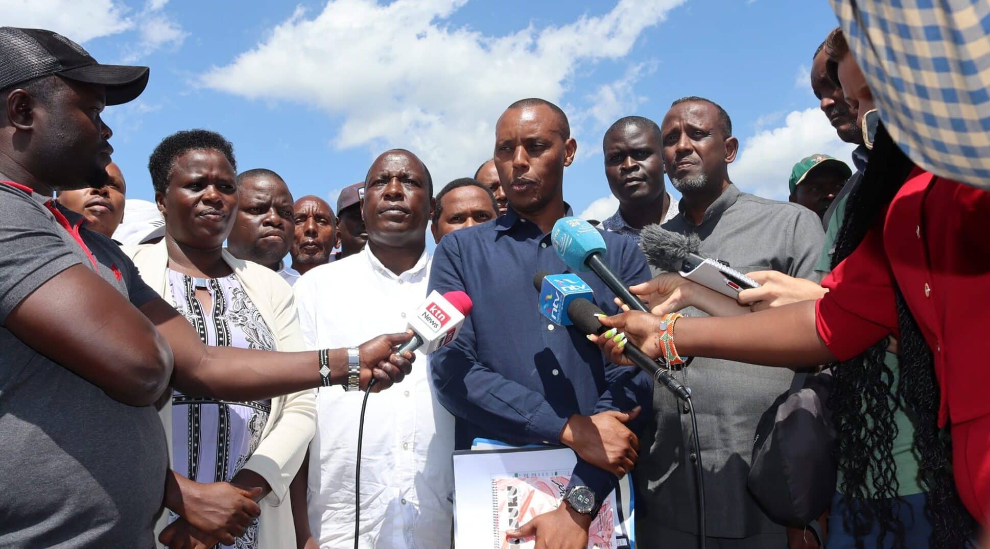 Nelson Koech, Chairperson of the Deefense Committee (center) addresses the press in Laikipia County on May 28, 2024.