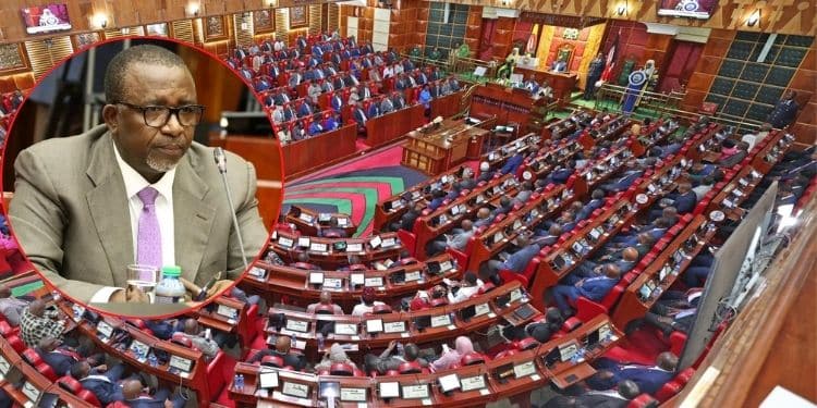 A collkage of a past Parliament sitting and a photo of Agricultture CS Mithika Linturi.