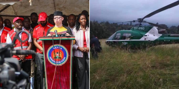 A side toi side photo of Government Spokmesperson Isaac Mwaura and Kenya Red Cross officials and the chopper which made an emergency landing in Kikuyu.