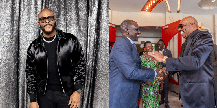 A collage of American Actor Tyler Perry (left) and President William Ruto in a moment with First Lady Rachel Ruto.