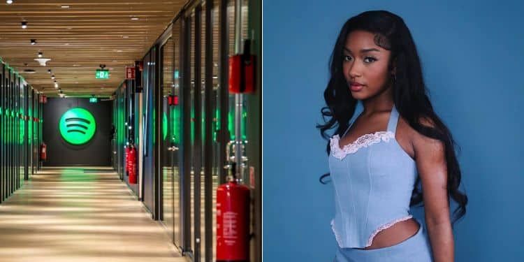 A collage of Spoitify Headquarters in Stockholm and aFROBEAT SENSATION Ayra Starr .