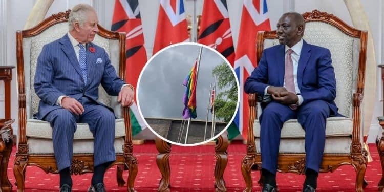 A collage of UK King Charles and President William Ruto in a past meeting and screengrab of the flag hoisted at the UK Mission in Kenya.