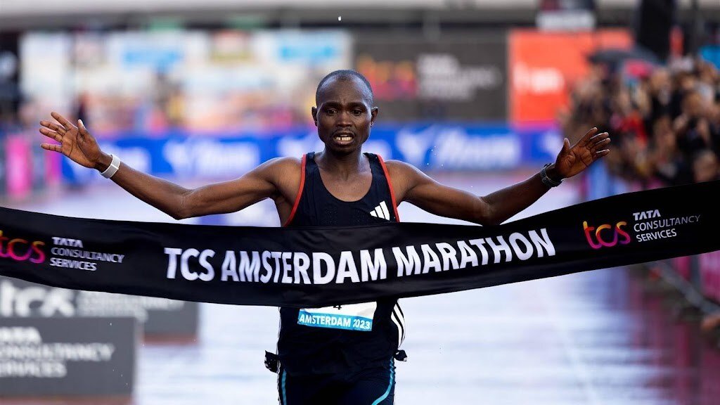 Marathoner Joshua Belet crosses the finish line at 2023 Amsterdam Marathon. PHOTO/Courtesy. athletes