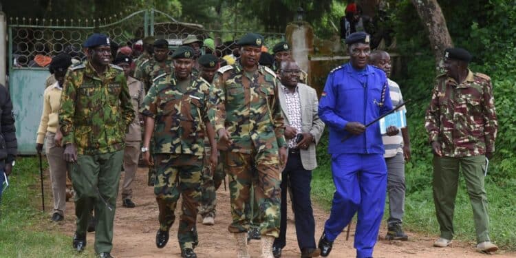 Chief Conservator of Forests Alex Lemarkoko (2nd from left) visited Cherengani Forest station in Elgeyo Marakwet County ON June 2 2024. PHOTO/KFS