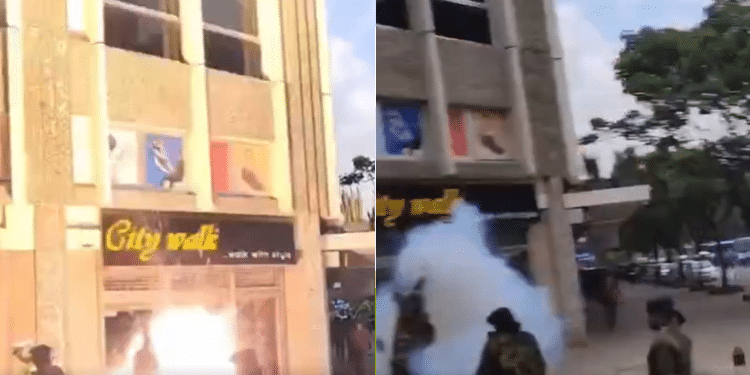 Photo collage of the police launching the teargas canister before it blew off. PHOTO