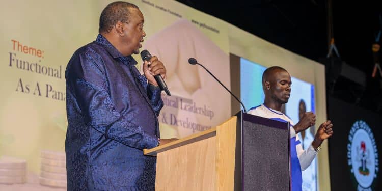 Former President Uhuru Kenyatta speaks at the 2024 Goodluck Jonathan Foundation (GJF) Democracy Dialogue