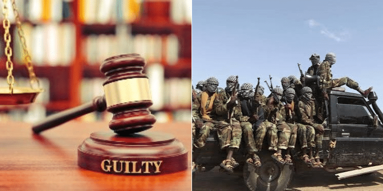 Side to side photo of a gavel and Members of the Al-Shabab group ride in a pick-up outside Mogadishu, Somalia in 2011. PHOTO/Reuters.