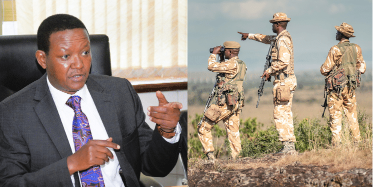 A side-to-side photo of Tourism and Wildlife Cabinet Secretary Dr. Alfred Mutua (left) and Kenya Wildlife Service Officers (right). Photo/Courtesy