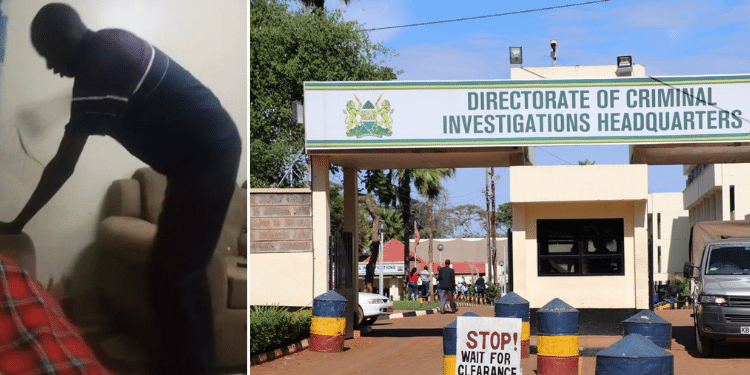 A side-to-side photo man captured beating son (left) and The Directorate of Criminal Investigations (DCI) main gate. Photo/Courtesy