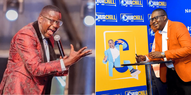 Side to side photo of Daniel Ndambuki alias Churchill during the signing of the agreement with NTV. and at a apast show PHOTO/NTV.