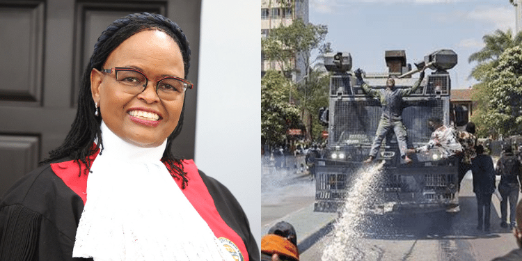 A side-to-side photo of Chief Justice Martha Koome (left) and water cannons in use during protests in Kenya (right). Photo/Courtesy