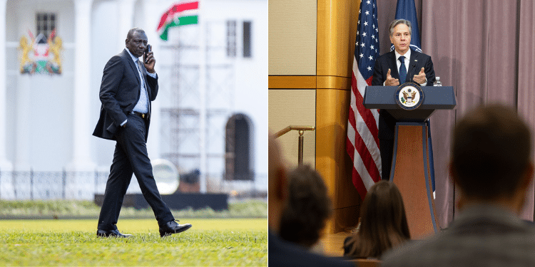 A collage of President William Ruto in a past phone call (left) and a photo of US Secretary of State Anthony Blinken.