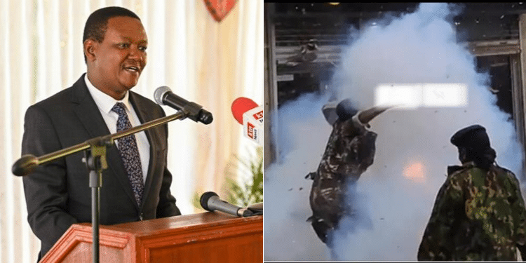 A collage of Tourism CS Alfred Mutua and a screengrab of a video showing the moment an officer injured himself. photo/courtesy