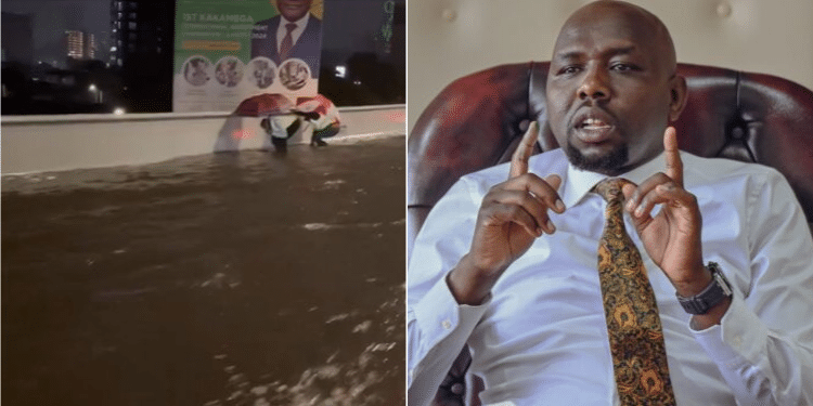 A collage of a screengrab showing a flooded section of the Expressway and a photo of CS Kipchumba Murkomen.