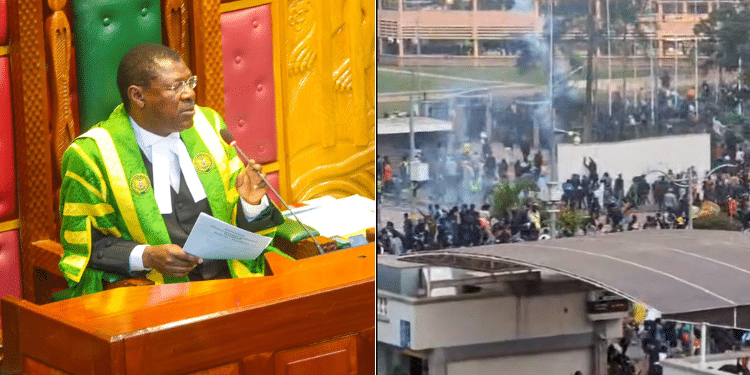 National Assembly Speaker Moses Wetang'ula an protestors inside parliament buildings.PHOTO/ Courtesy