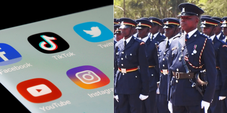 A collage of social media apps on a phone screen and Police officers in Kenya. PHOTO/ Courtesy
