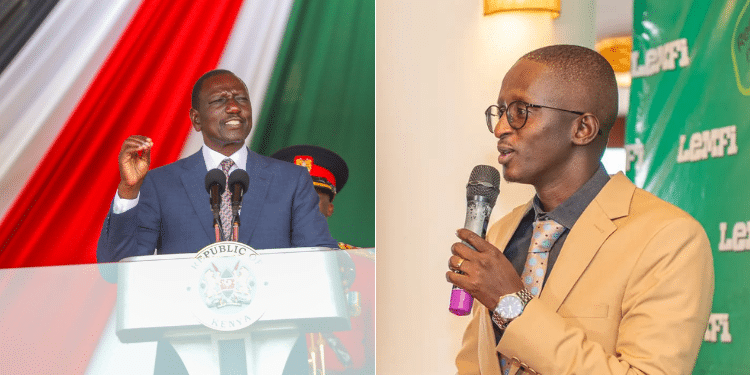A collage of President William Ruto delivering a speech during the Madaraka Day celebrations and a photo of comedian Timothy Kimani alias Njugush.