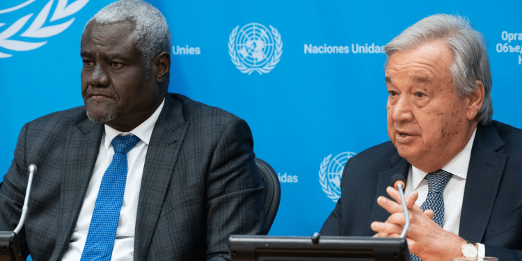 AUC Chairperson Moussa Faki (left) and UN Secretary General Antonio Guterres in a past meeting. photo/ UN