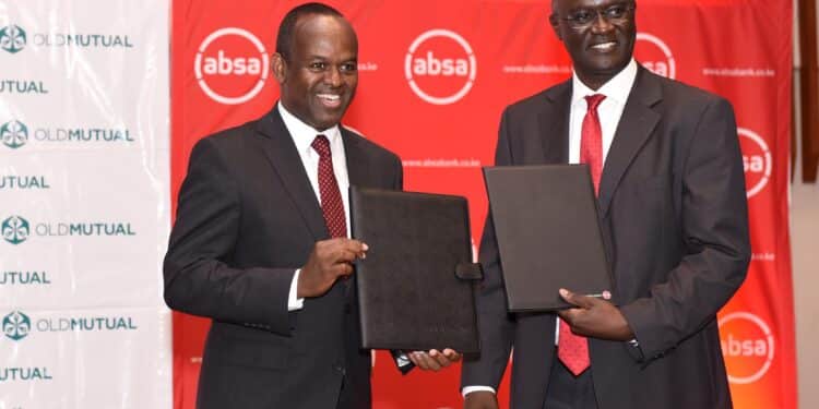Absa Bank Kenya MD & CEO Abdi Mohamed and Old Mutual East Africa Group CEO Arthur Oginga officially launch the Linda Biz SME bundled insurance solution. PHOTO/ ABSA