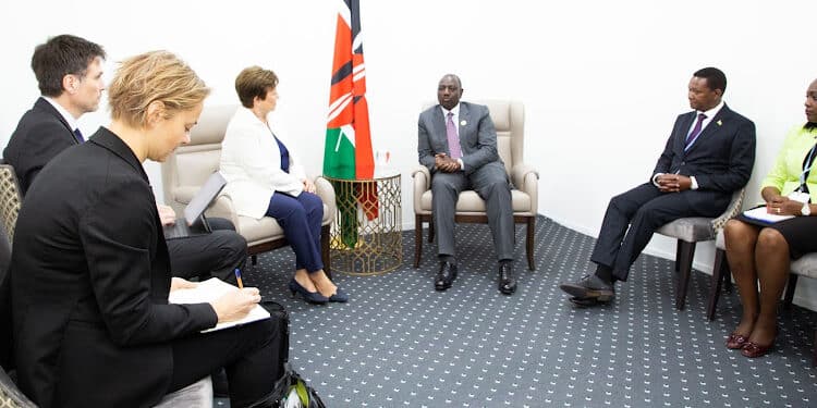 President William Ruto in a meeting with IMF managing director Kristalina Georgieva, CSs Alfred Mutua, Davis Chirchir among other leaders. PHOTO/PCS.
