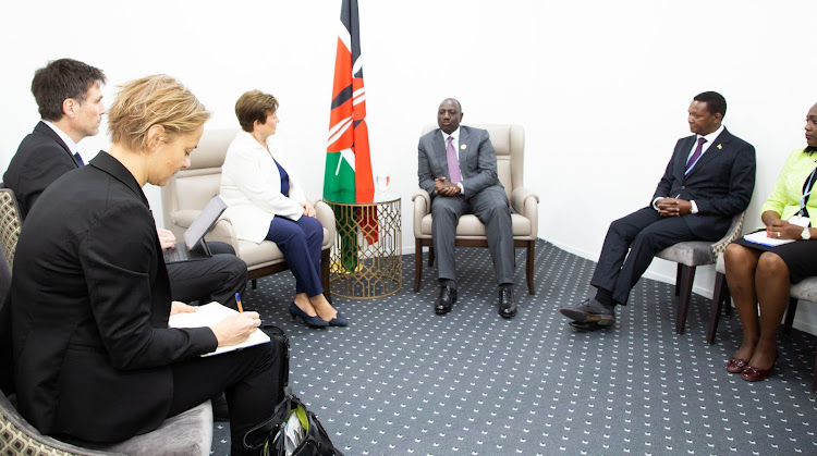 President William Ruto in a meeting with IMF managing director Kristalina Georgieva, CSs Alfred Mutua, Davis Chirchir among other leaders. PHOTO/PCS.