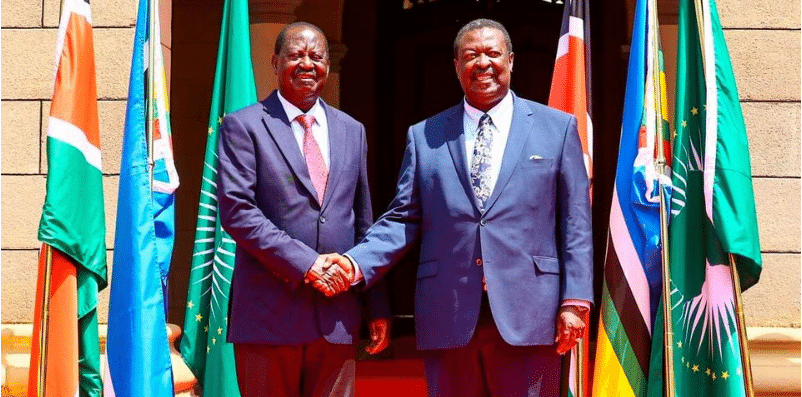The Prime Cabinet Secretary and Cabinet Secretary for Foreign and Diaspora Affairs H.E. Dr. Musalia Mudavadi and Rt. Hon. Raila Odinga during the Joint Press Briefing to update the nation on the campaign of Kenya’s candidacy for the African Union Commission (AUC) on June 5, 2024. PHOTO/PCS