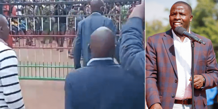 A side-to-side photo of Youths at Nandi Governor’s office (left) and Nandi Governor Stephen Sang (right). Photo/ Sang(X)